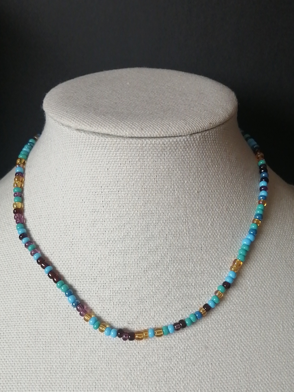 Colorful Seed Bead Women's Necklace - Turquoise, Amber & Purple
